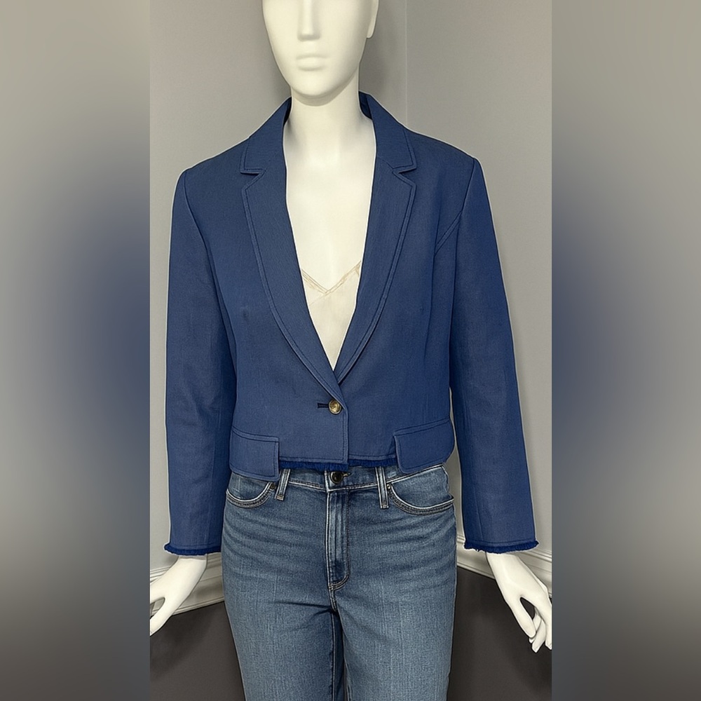 Anthropologie Cropped Blue Blazer Jacket Single Button Raw Hem Preppy Classic 6
